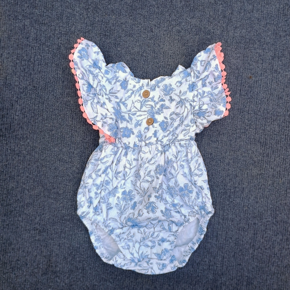 Blue And White Floral Bubble Baby Romper